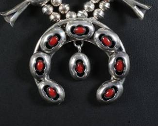 Navajo Ray Begay Sterling Silver & Coral Shadowbox Squash Blossom Necklace Native American Jewelry