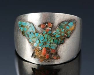 Early Primitive Harvey Crushed Turquoise & Coral Eagle Sterling Ring Sz: 10 Native American Jewelry