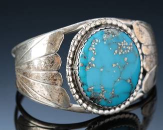 Vintage Navajo Herbert Tsosie Sterling Silver & Kingman Turquoise Cuff Bracelet SZ: 6.5 Native American Jewelry