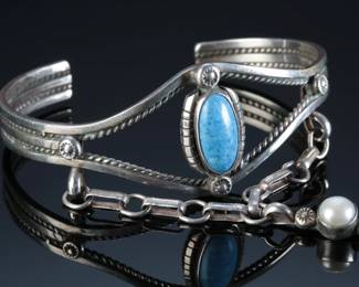 Navajo Sterling Silver & Turquoise Cuff Bracelet & Slave Ring Native American Jewelry