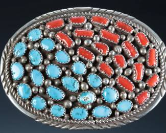 Navajo Irene Chiquito Sterling Silver Turquoise & Coral Belt Buckle Native American