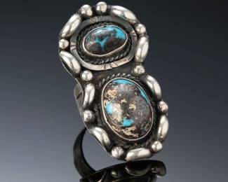 Vintage Navajo Silver & 2-Stone Bisbee Turquoise Ring: SZ: 7.25 Native American Jewelry