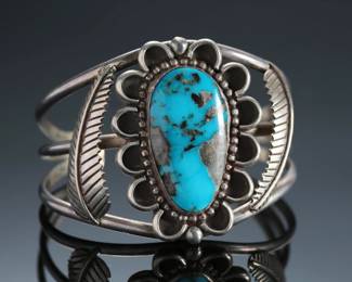 Vintage Navajo Silver & Turquoise Cuff Bracelet Signed JAB Native American Jewelry