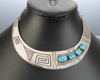 Navajo Charlie Bowie Sleeping Beauty Turquoise Sterling Silver Overlay Bib Choker Necklace Native American Jewelry