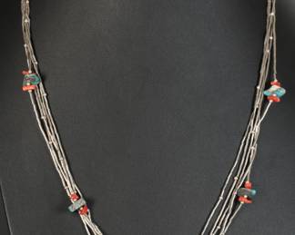 AS-IS Native American Liquid Silver 5- Strand Turquoise & Coral Necklace