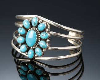 Navajo Sterling Silver & Sleeping Beauty Turquoise Cuff Bracelet Signed L Begay SZ: 6.5 Native American Jewelry