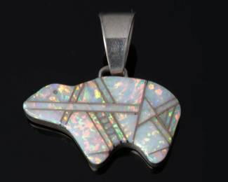 Zuni Opal Inlay & Sterling Silver Bear Pendant Native American Jewelry