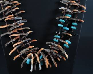 Zuni Carved Bird Shell & Jet Bear 3 Strand Heishi Beaded Necklace Native American Jewelry