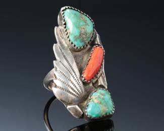 Vintage Navajo Silver Turquoise & Coral Ring SZ: 6 Native American Jewelry