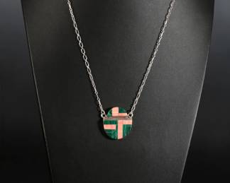 Zuni Malachite & Spiny Oyster Inlay Earrings & Necklace Signed Native American Jewelry