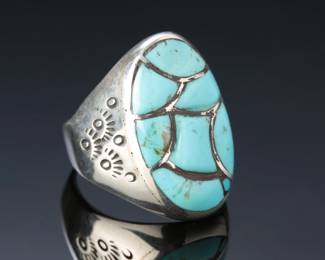Navajo Sterling Silver Inlay Turquoise Ring SZ:10 Native American Jewelry