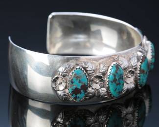 Navajo Ernest Trujillo Sterling Silver & Red Mountain Turquoise Cuff Bracelet SZ: 6.5 Native American Jewelry