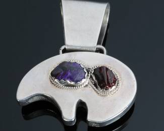 Multi Stone Silver Zuni Bear Pendant SIGNED Native American Jewelry