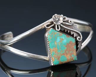 Navajo Peterson Johnson Silver & Turquoise Cuff Bracelet SZ: 6.75 Native American Jewelry
