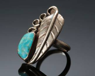 Navajo Silver & Turquoise Leaf & Swirl Ring Native American Jewelry