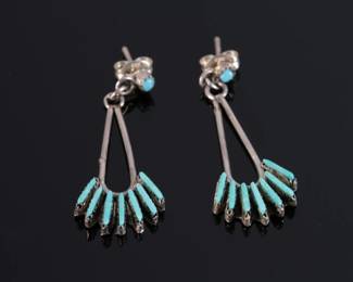 Zuni Needlepoint Turquoise & Silver Drop Earrings Native American Jewelry