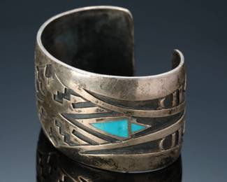Vintage Navajo Hopi Silver Overlay & Turquoise Inlay Cuff Bracelet SIGNED SZ: 6.75 Native American Jewelry