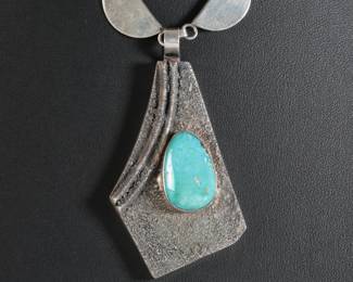 Navajo Gilbert Gomez Turquoise Sterling Silver Necklace Tufa Cast Native American Jewelry Sandcast