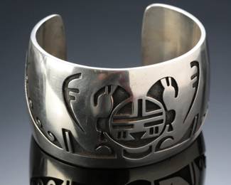 HUGE Hopi Silver Overlay Yei Face Cuff Bracelet SZ: 8.5 SIGNED Native American Jewelry