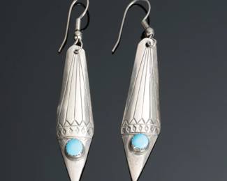 Navajo Sterling Silver & Turquoise Hand Stamped Drop Earrings