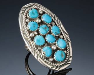 Navajo Large Sterling & Sleeping Beauty Cluster Turquoise Ring SZ: 9.5 Native American Jewelry