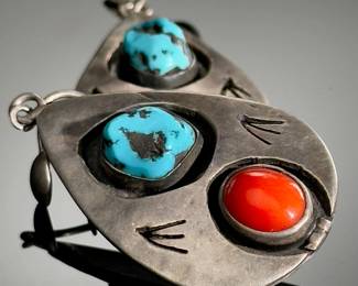 Vintage Navajo Silver, Turquoise, Coral Shadowbox Clip-on Earrings Pair