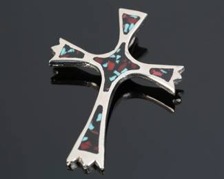 Vintage Navajo Turquoise & Coral Chip Inlay Cross Pendant Signed Native American Jewelry