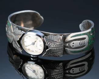 Navajo Peyote Bird Silver Chip Turquoise & Coral Inlay Watch Cuff Ladies