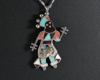 Zuni Apache Crown Dancer Kachina Multi-Stone Inlay Pendant & Necklace Native American Jewelry