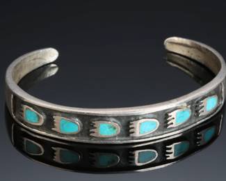 Vintage Navajo Silver Bear Claw Turquoise Inlay Cuff Bracelet SZ: 6.25 Native American Jewelry
