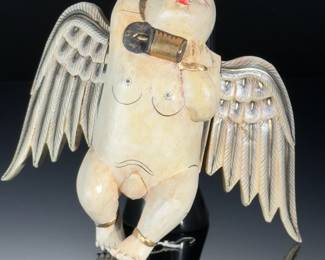 Carved Wood Folk Art Cherub Angel Flying Baby