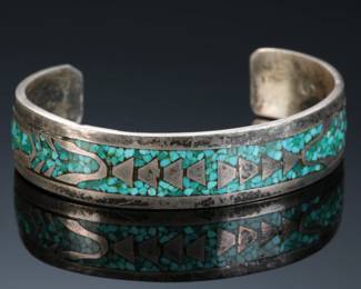 Vintage Navajo Silver & Turquoise Chip Inlay Cuff Bracelet Native American Jewelry