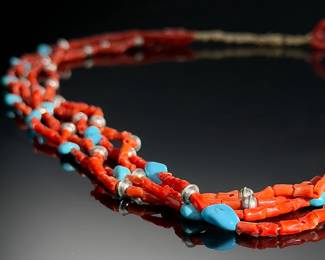 Vintage Native American 4-Strand Coral Turquoise & Silver Bead Necklace