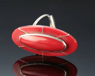 Navajo Julius Manuelito Sterling Silver Coral Inlay RIng Native American Jewelry SZ: 7.75