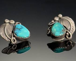Vintage Navajo Silver Leaf & Turquoise Earrings Native American Jewelry