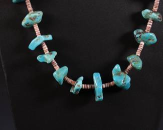 Vintage Turquoise Nugget & Shell Heishi Bead Necklace Native American Jewelry