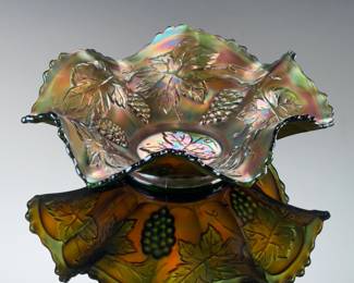 Antique Fenton Carnival Glass Bowl Emerald Vintage Grape Pattern