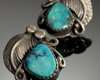 Vintage Navajo Silver Leaf & Turquoise Earrings Native American Jewelry