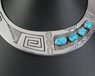 Navajo Charlie Bowie Sleeping Beauty Turquoise Sterling Silver Overlay Bib Choker Necklace Native American Jewelry