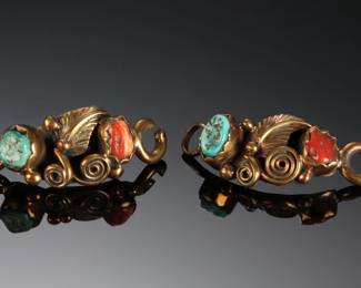 Vintage Navajo Apachito Watch Tips Coral & Turquoise Native American Jewelry