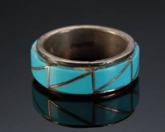 Vintage Zuni Turquoise Inlay Ring Native American Jewelry