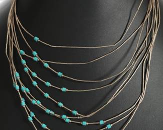 Native American Multi-Strand Liquid Silver & Turquoise Necklace
