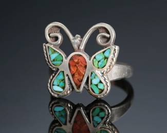 Vintage Native American Chip Turquoise & Coral Butterfly Ring