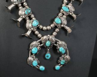 Navajo Wayne Etsitty Squash Blossom Silver & Turquoise Necklace Native American Jewelry
