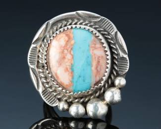 Large Kay Johnson Signed Sterling Gem Quality Ribbon Turquoise Ring Size 8.25