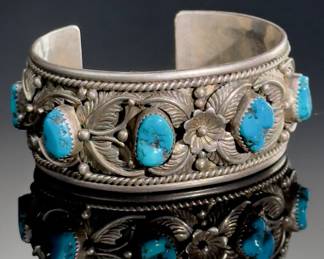 Vintage Navajo Silver & Turquoise Cuff Bracelet Signed L-R-Jake Native American Jewelry
