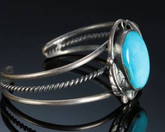 Navajo Traditional Turquoise & Silver Cuff Bracelet Native American Jewelry