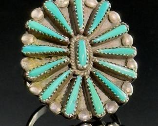 Vintage Vernon Wallace Zuni Silver & Turquoise Sunflower Needlepoint Ring Native American Jewelry