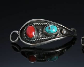 Vintage Navajo Silver Turquoise & Coral Watch Tips Native American Jewelry