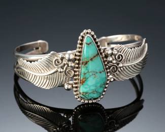 Navajo Sterling Silver & Lone Mountain Turquoise Cuff Bracelet SZ: 6.75 Native American Jewelry